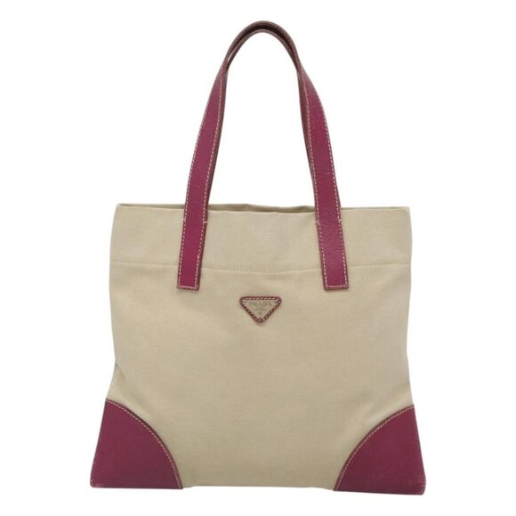 PRADA Hand Bag Canvas Leather Beige Purple Silver Auth - Picture 9 of 16